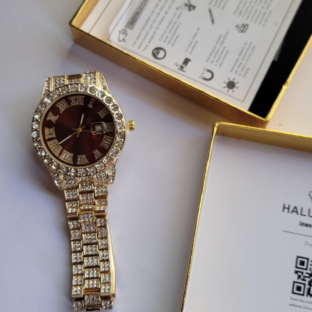 HALU Mens Watch Red Dial Gold Tone Crystal Bezel Gold Tone Bracelet Date Gemmed